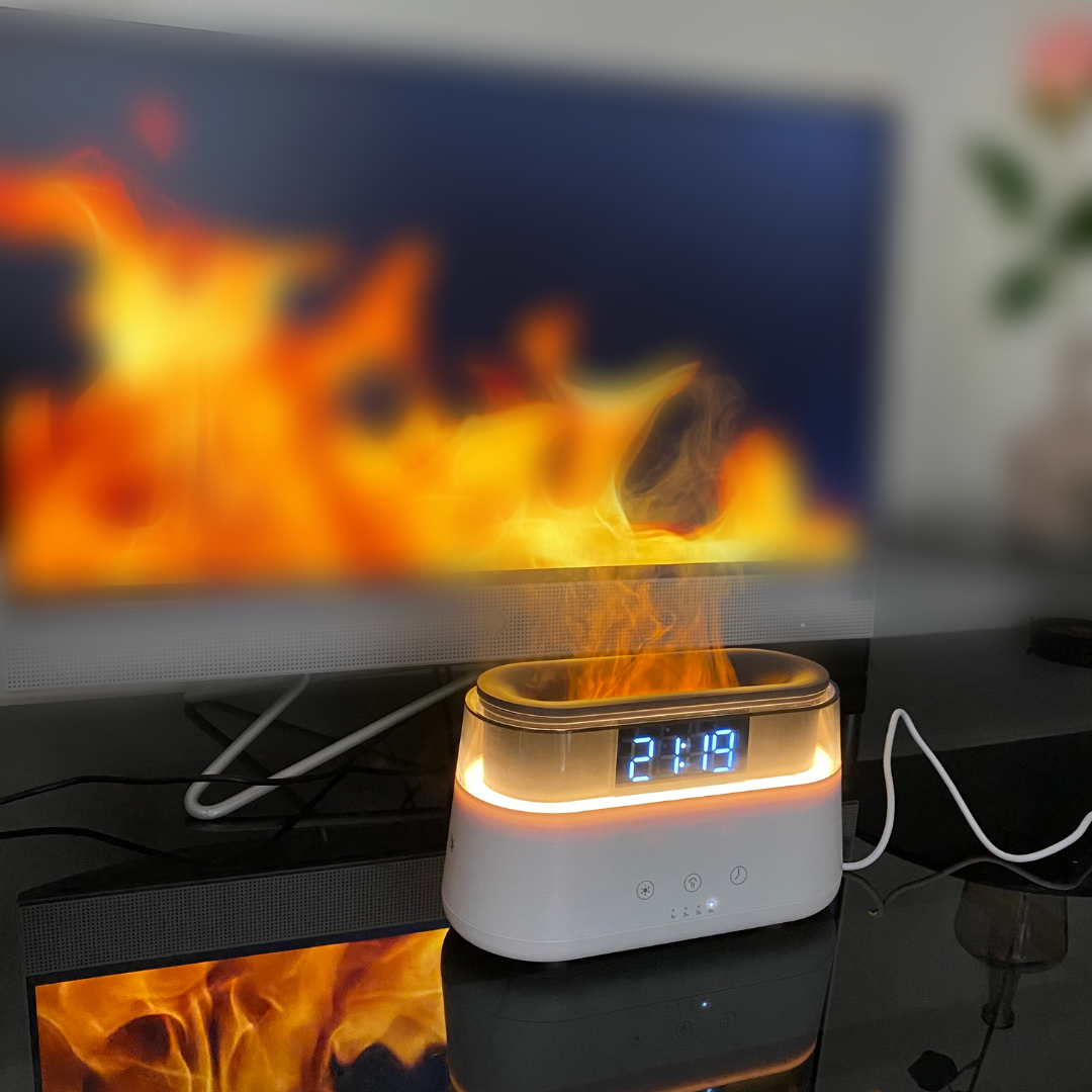Diffuseur d'Arômes - Effet de Flamme et Horloge LED
