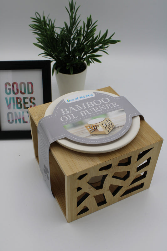 Brûleur à Huile Essentielle en Céramique avec cadre en bois de bambou