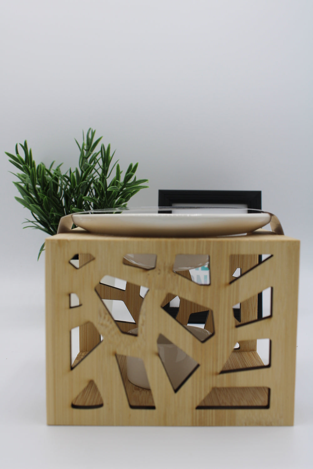 Brûleur à Huile Essentielle en Céramique avec cadre en bois de bambou