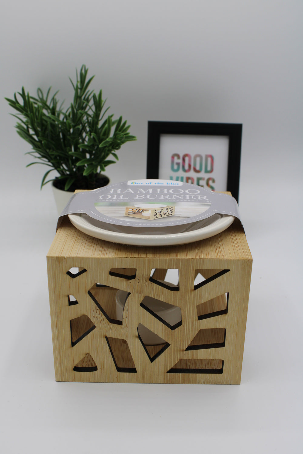 Brûleur à Huile Essentielle en Céramique avec cadre en bois de bambou