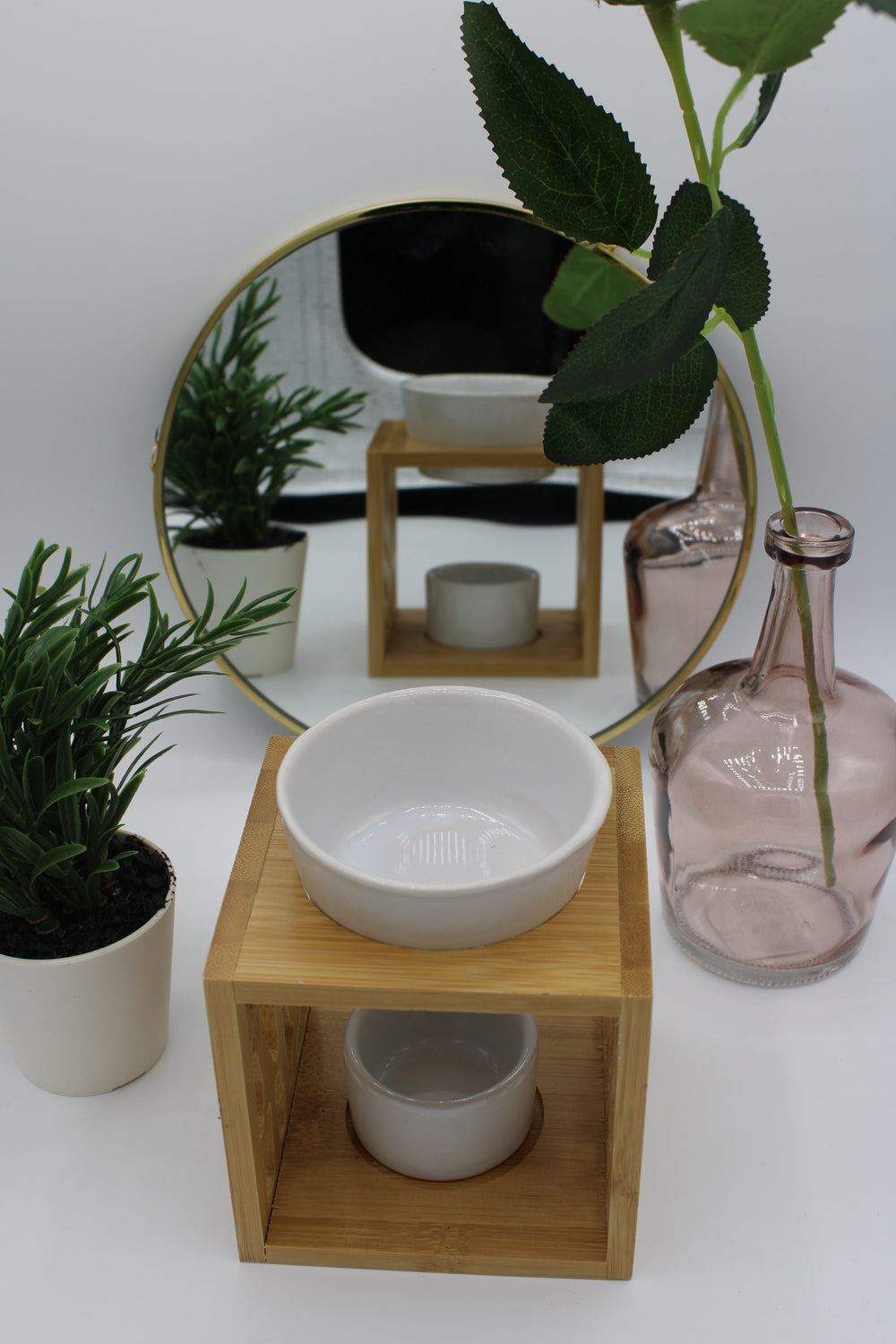 Brûleur à Huile Essentielle en Céramique avec Cadre en Bois