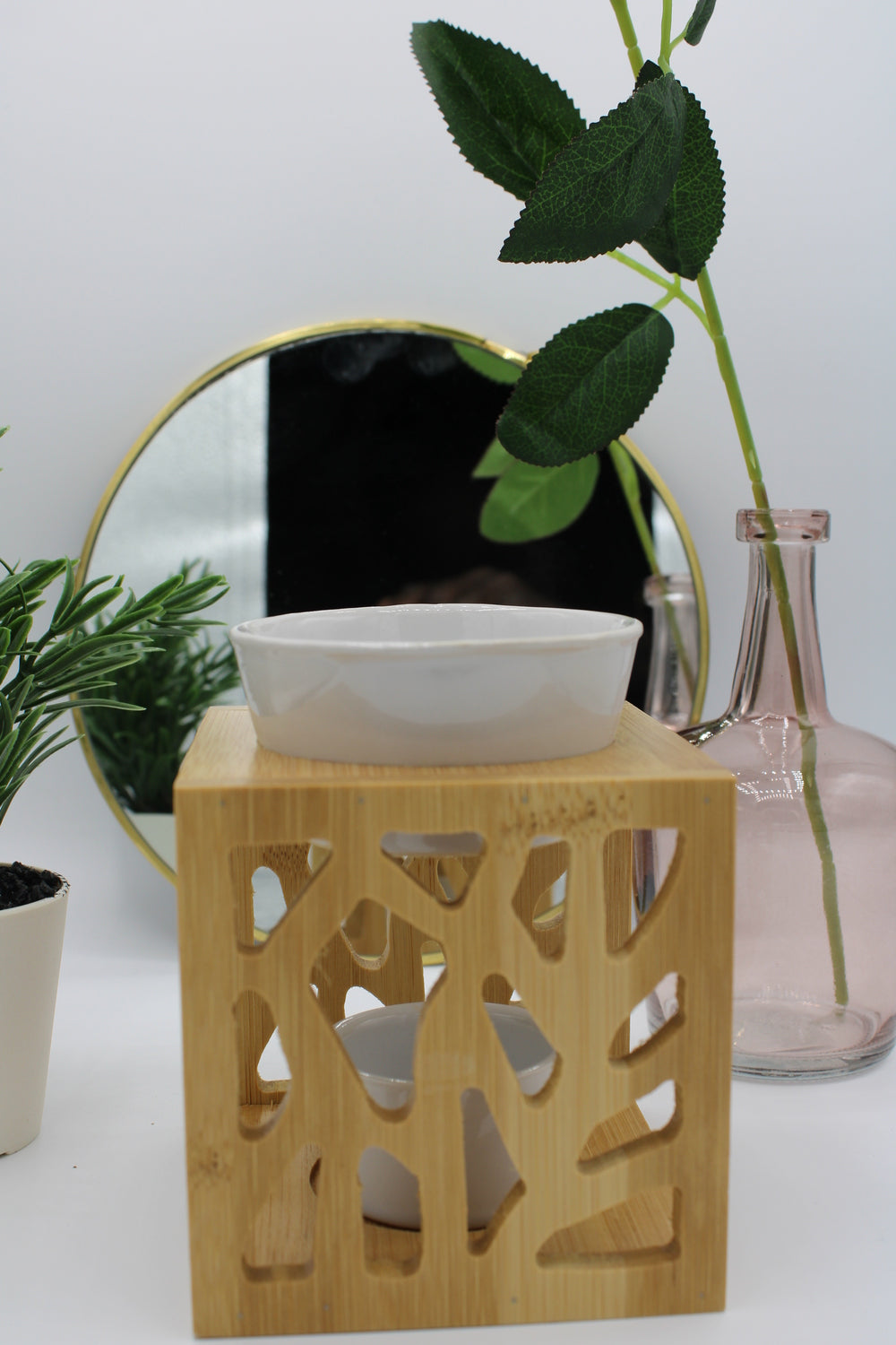 Brûleur à Huile Essentielle en Céramique avec Cadre en Bois
