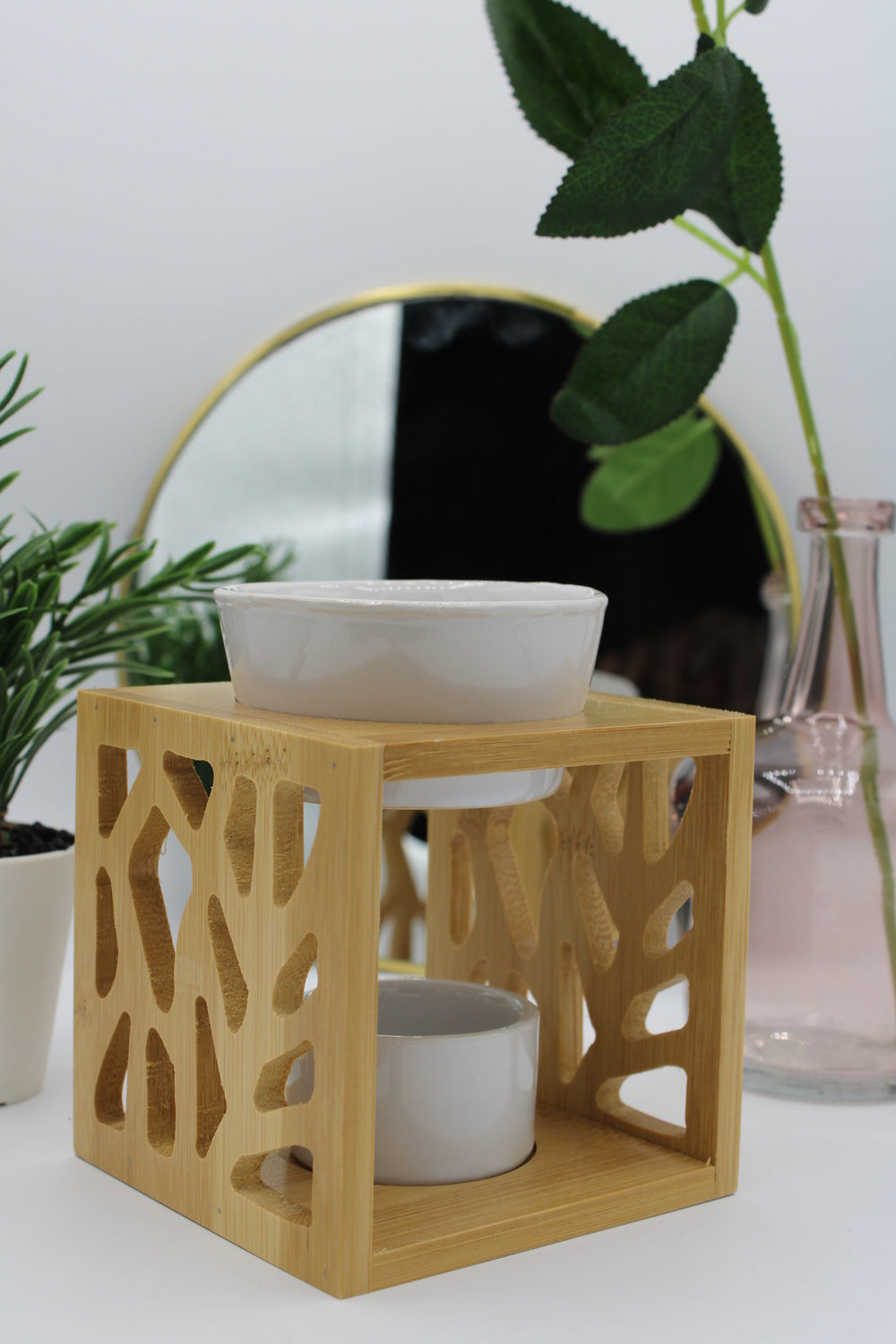 Brûleur à Huile Essentielle en Céramique avec Cadre en Bois