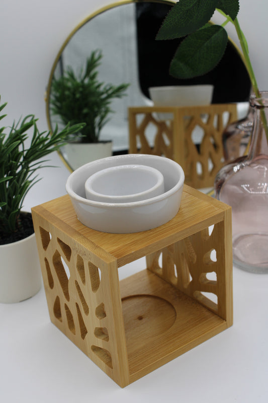 Brûleur à Huile Essentielle en Céramique avec Cadre en Bois