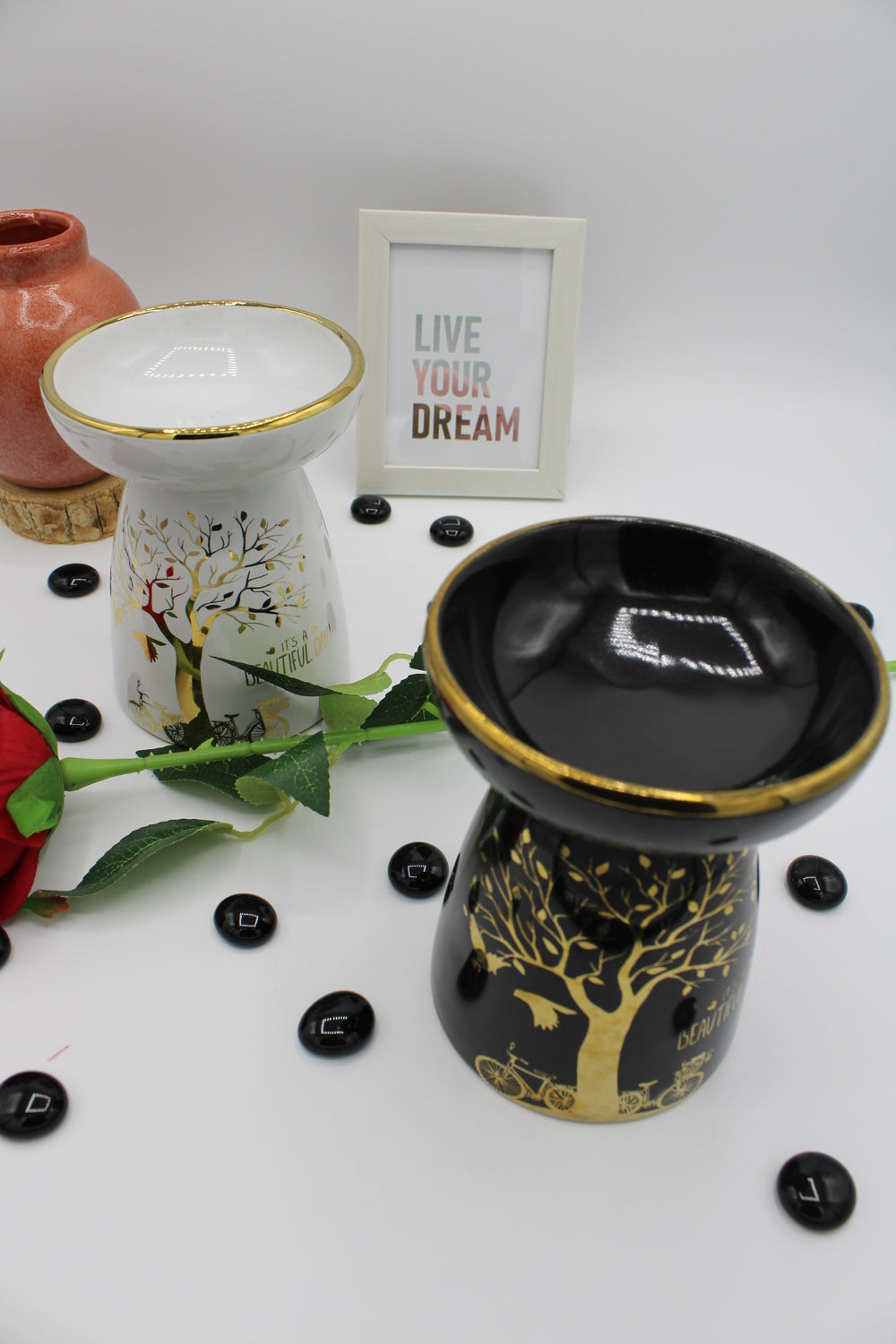 Brûleur à Huile Essentielle en Céramique avec Impression Dorée