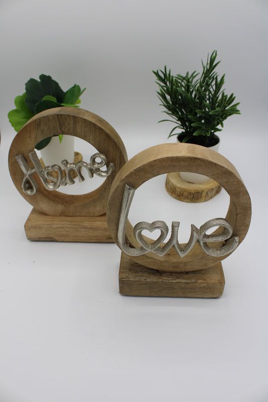 Présentoir cercle "Love, Home" en bois de manguier marron